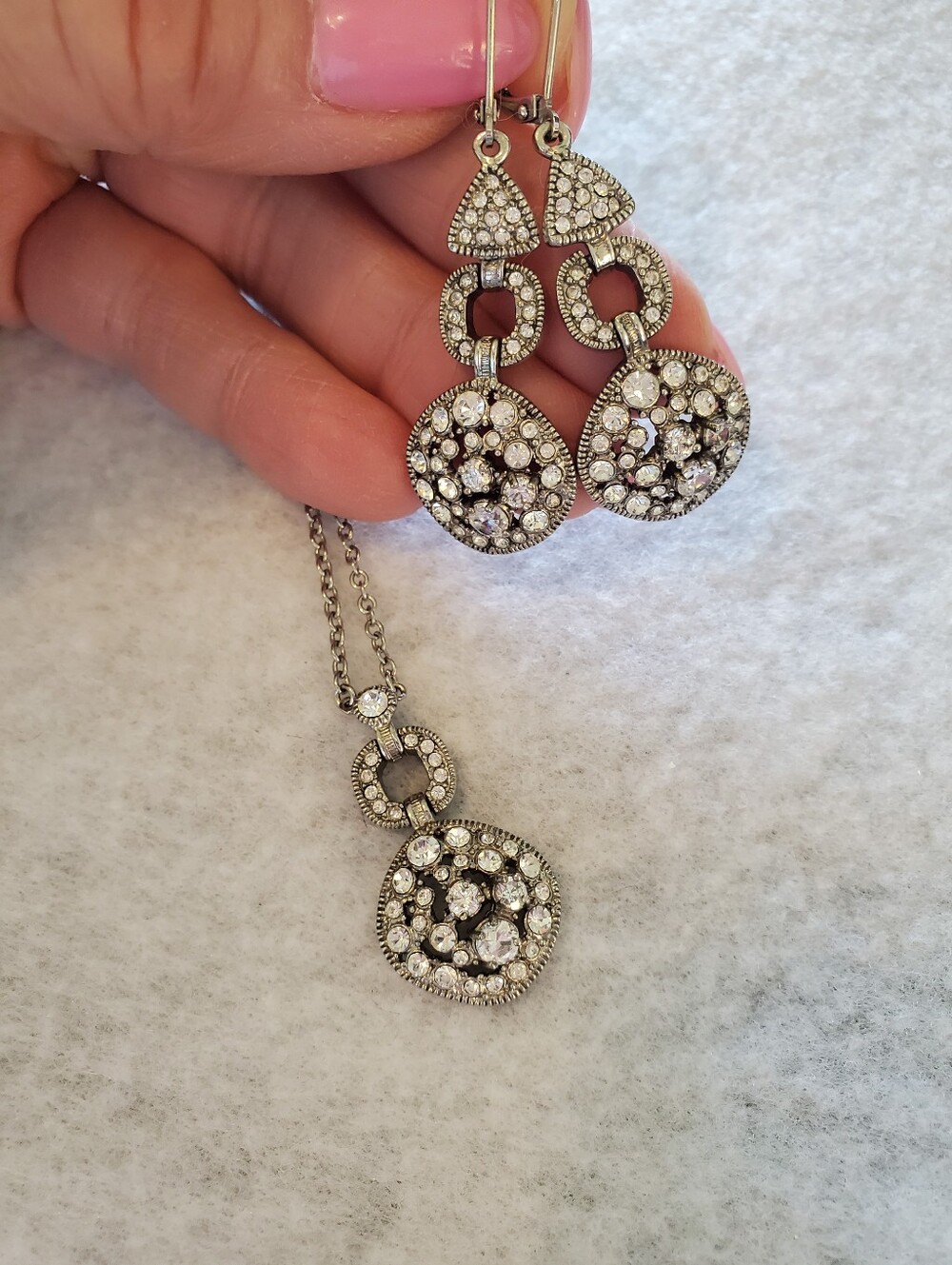 SET: Vintage Silver Crystal Drop Adjustable Necklace & Earrings